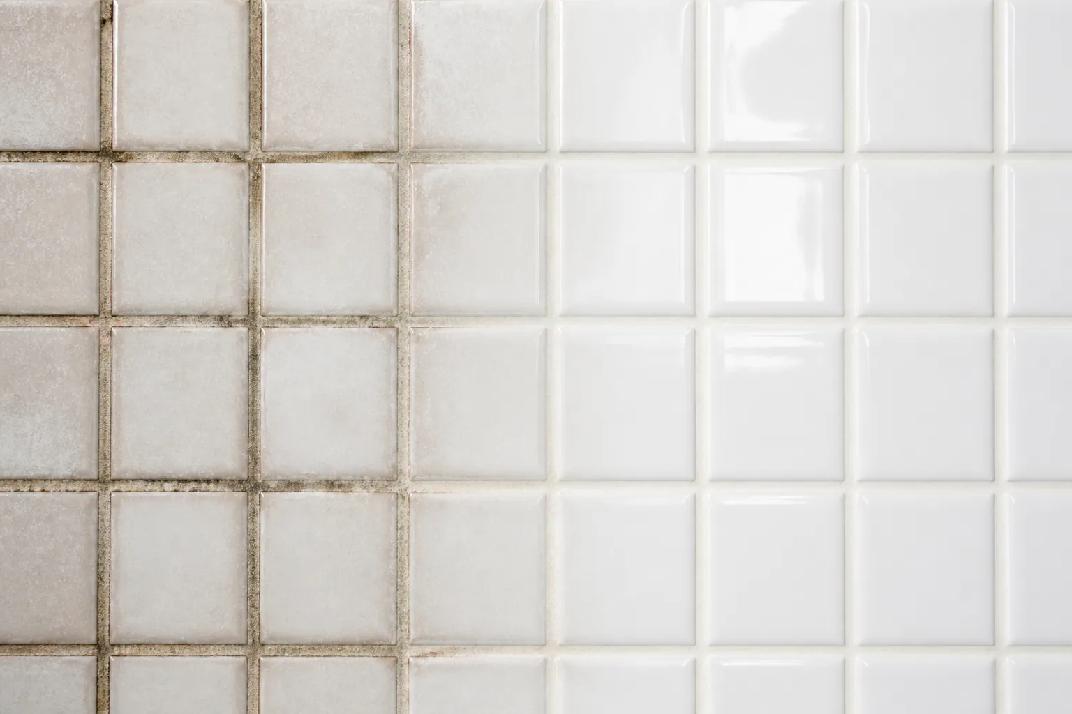 Tile and grout, dulled and darkened on one side and clean on the other