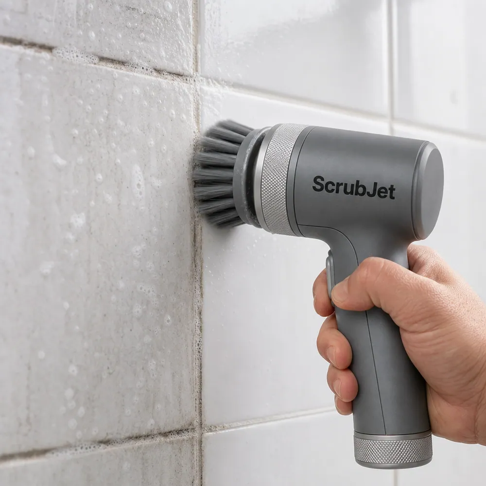 ScrubJet cleaning a grimy grout line on a white tiled shower wall