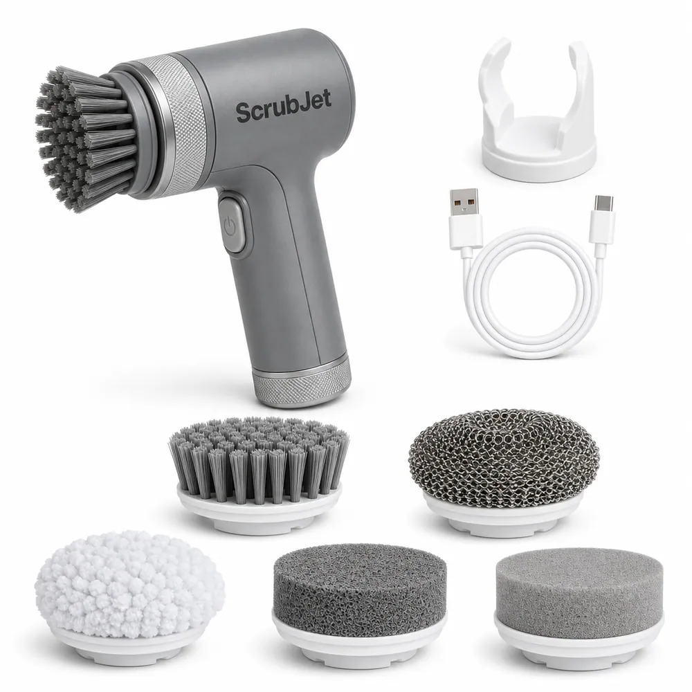 Everything in the box: ScrubJet, five attachment heads, USB-C cable and wall-mount holder