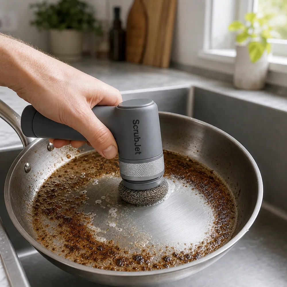 ScrubJet fitted with the steel scourer head lifting baked-on grease from a stainless steel pan