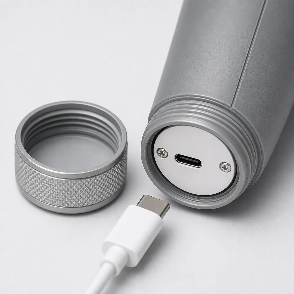 The USB-C charging port recessed in the handle base with its screw-down cap removed