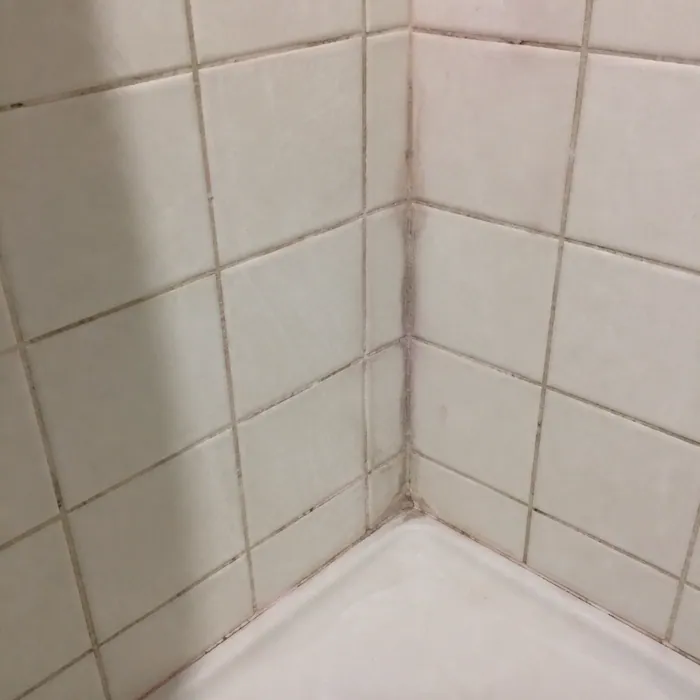 Shower tile corner with darkened grout and soap-scum film before cleaning