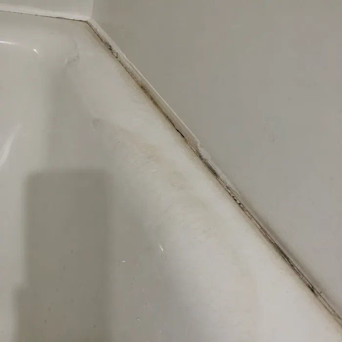 Bathtub with a grey tide mark along the waterline before cleaning